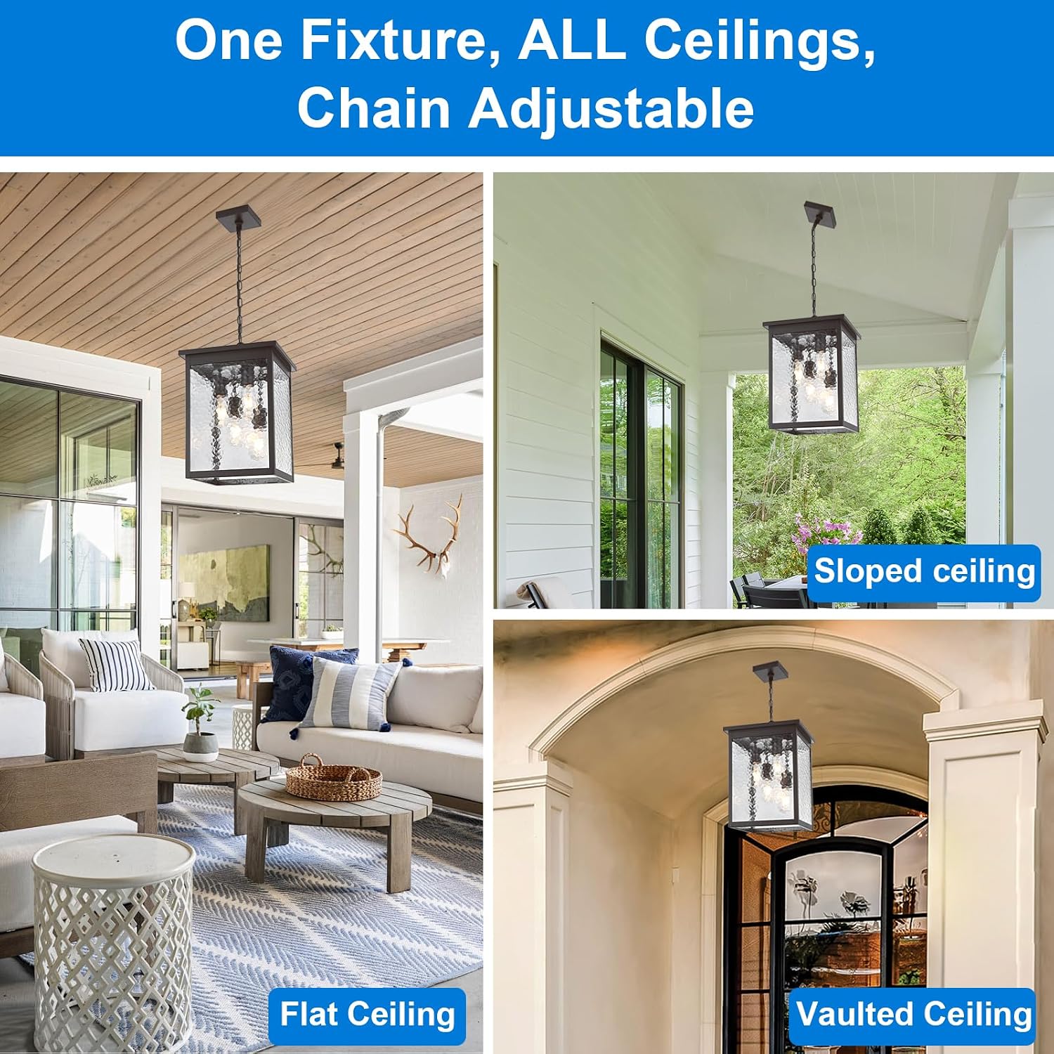 16.7'' Large Outdoor Pendant Light, 4-Lights Oil Rubbed Bronze Exterior Hanging Porch Chandelier Lantern with Hammer Glass, Modern Outdoor Ceiling Light Fixture for Entryway Gazebo Patio