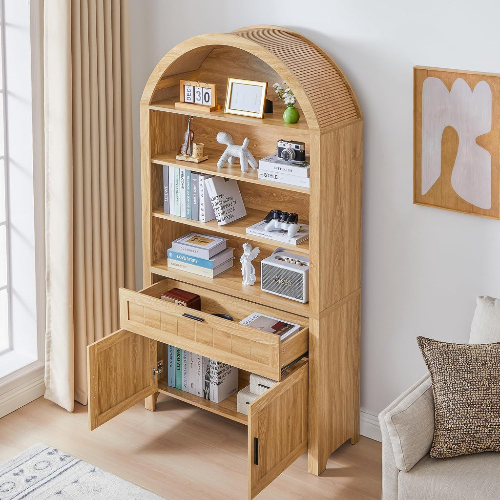 Turtle&Myrtle 73' H Large Arched Bookshelf，5-Tier Arch Bookcase with Doors，Mid Century Modern Book Shelf with Drawers，Wood Bookshelf w/Open Display Shelves for Living Room, Office (Natural, 2 Set)