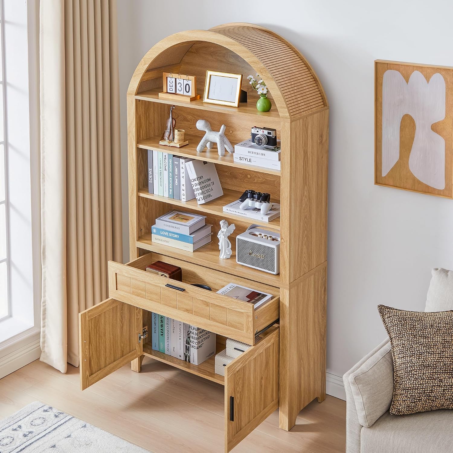 Turtle&Myrtle 73' H Large Arched Bookshelf，5-Tier Arch Bookcase with Doors，Mid Century Modern Book Shelf with Drawers，Wood Bookshelf w/Open Display Shelves for Living Room, Office (Natural, 2 Set)