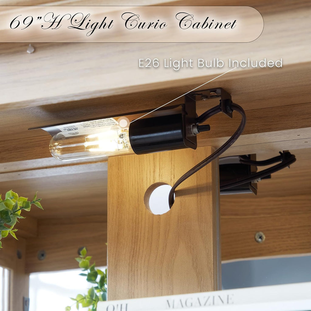 Glass Display Cabinet, 69' H Curio Cabinet with Adjustable Shelves and 4 Glass Doors, Light Bulb Included, Elegant Antique Showcase, Rack for Living Room/Home Office (Oak)