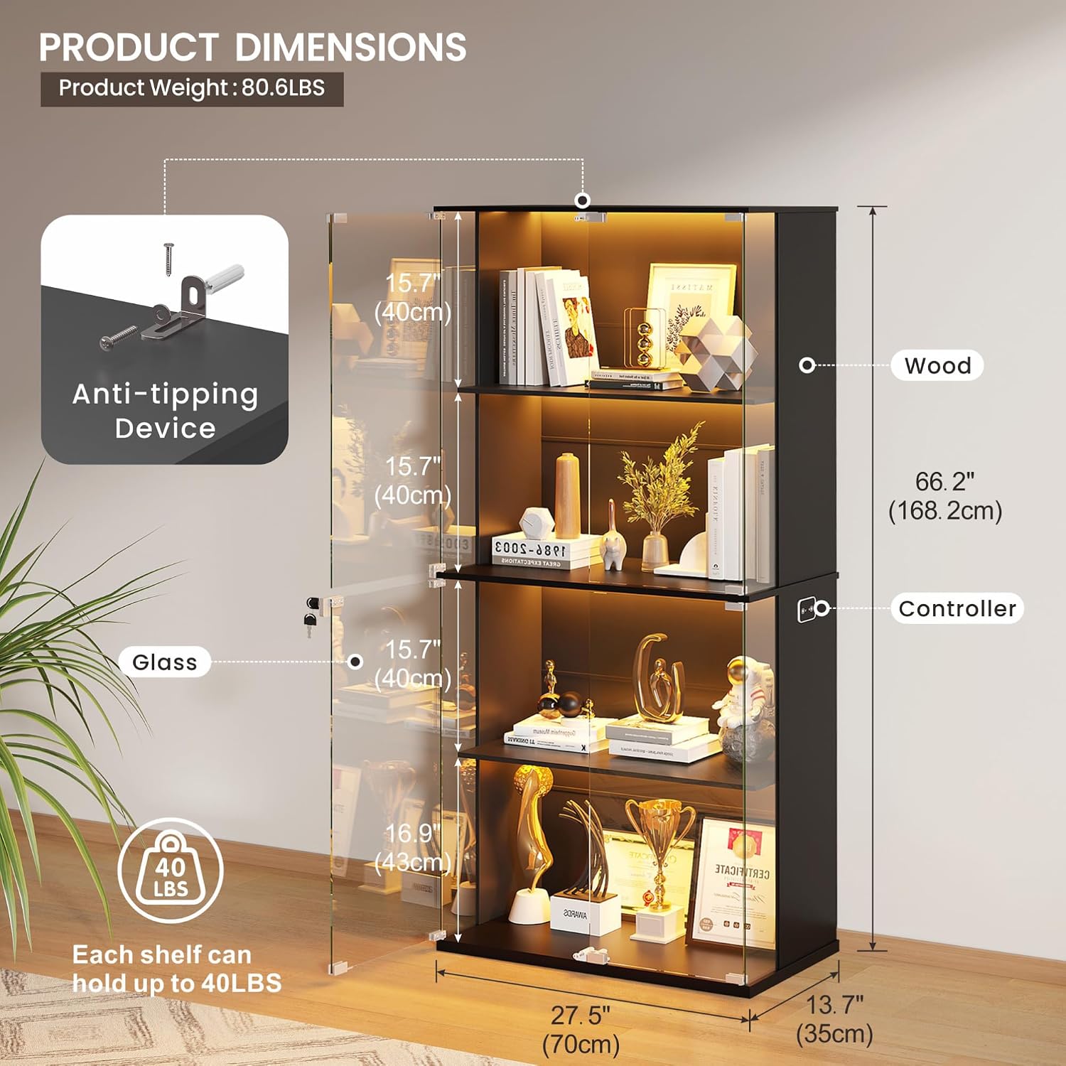 HNEBC Black Display Cabinet with Glass Door,Lighted 4-Tier Curio Cabinet with3 Color Lights for Collectibles Bookcases,66' Display Case with Human Body Sensor for Living Room/Game Room
