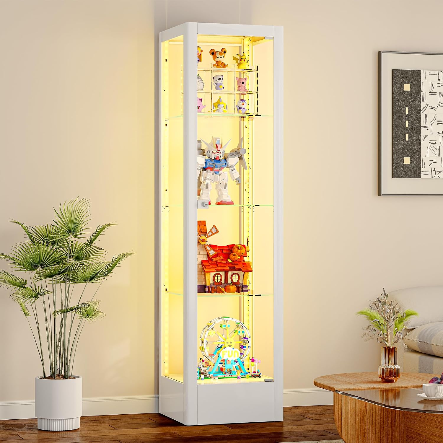 Glass Display Cabinet with Lock & 13 Color Light, Lighted Corner Curio Cabinet with Glass Door & Adjustable Shelves, Metal Display Case for Collectibles Figures Wine China, 15.7' W White