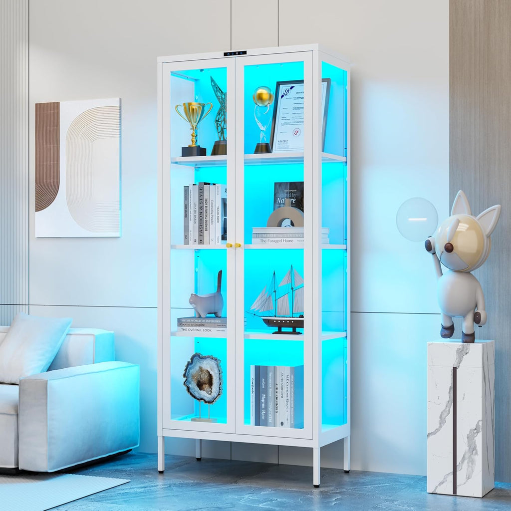 Polup Glass Display Cabinet with Glass Doors, Metal Curio Cabinet with 8-Color LED Lights, 66 Inch Tall Display Case for Collectibles, White Glass Cabinet for Living Room, Assembly Required