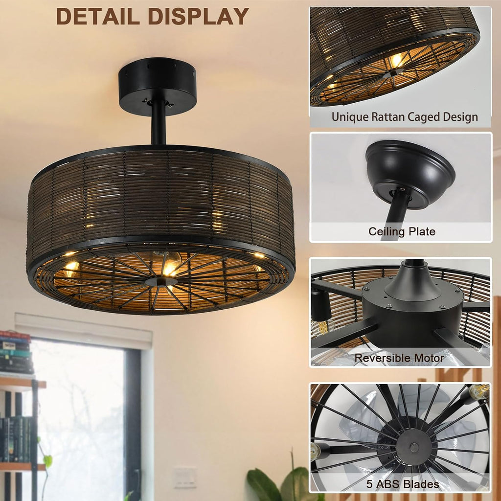 21' Boho Rattan Ceiling Fans with Lights,Flush Mount Caged Ceiling Fan with Remote Indoor,6 Speed, Timing, APP Remote Control,Includes 5 LED Bulbs for Bedroom,Kitchen,Living Room,Farmhouse