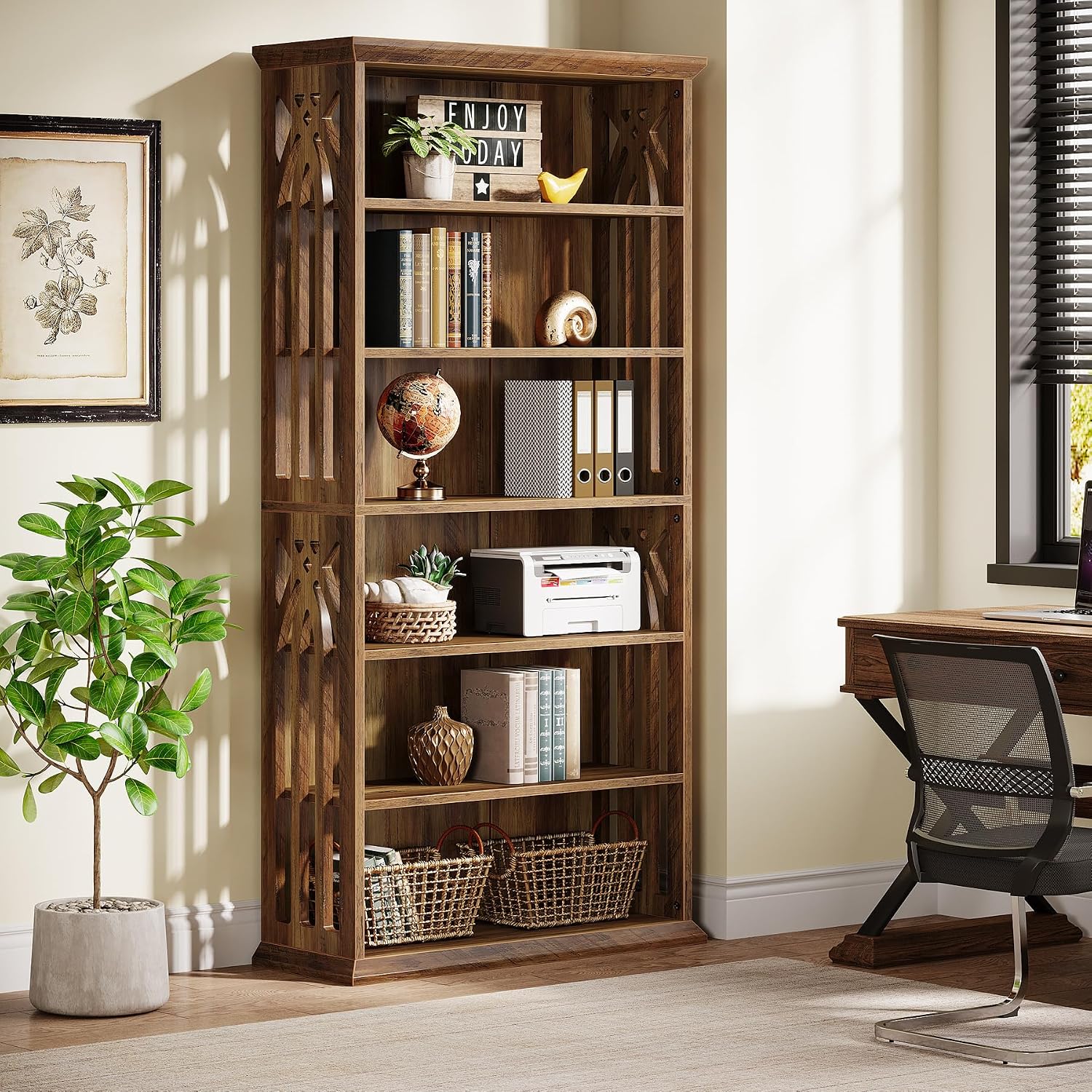 Tribesigns 6-Tier Bookshelf, 75-Inch Tall Bookcase, Large Bookshelves and Bookcases Freestanding Display Shelves, Wood Book Shelf for Living Room, Home Office, Bedroom, Brown (2Packs)