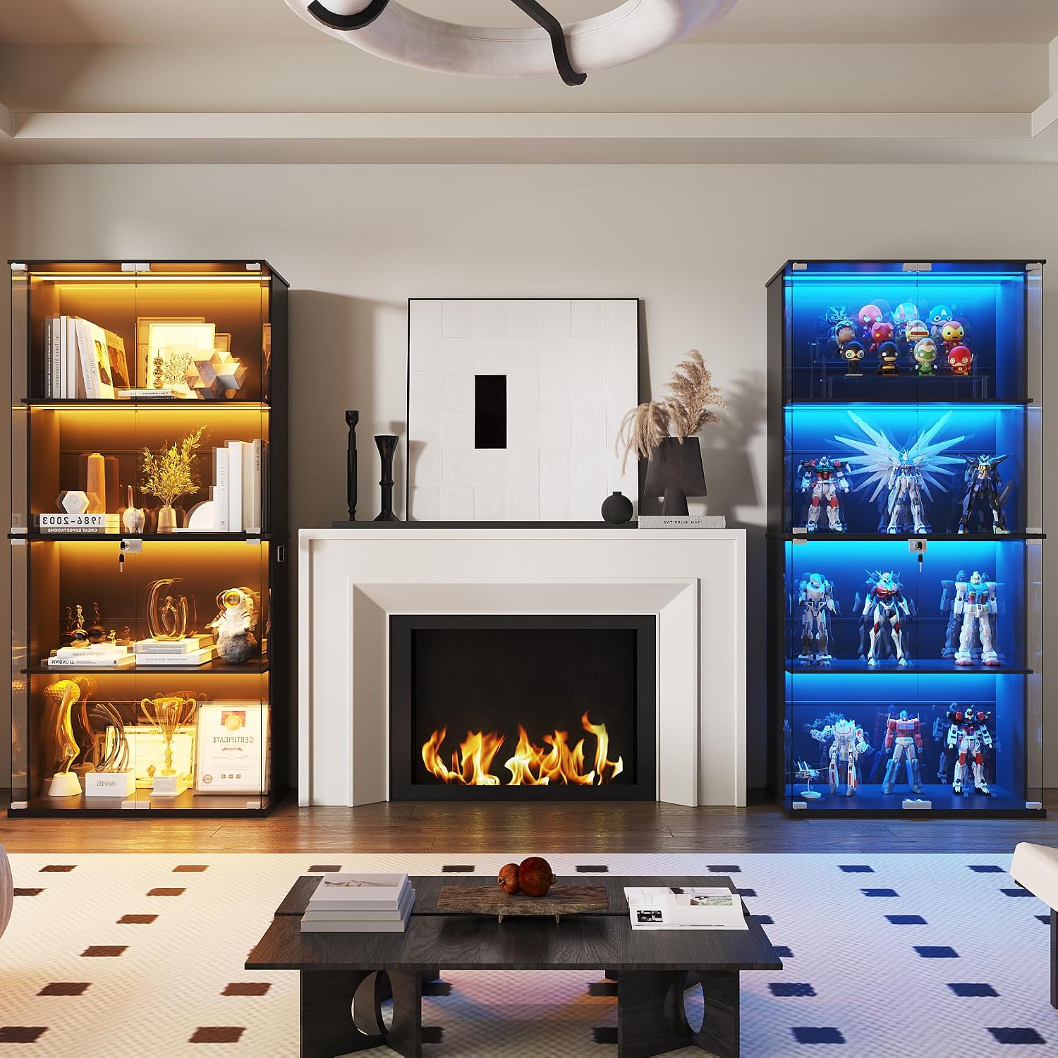 HNEBC Black Display Cabinet with Glass Door,Lighted 4-Tier Curio Cabinet with3 Color Lights for Collectibles Bookcases,66' Display Case with Human Body Sensor for Living Room/Game Room