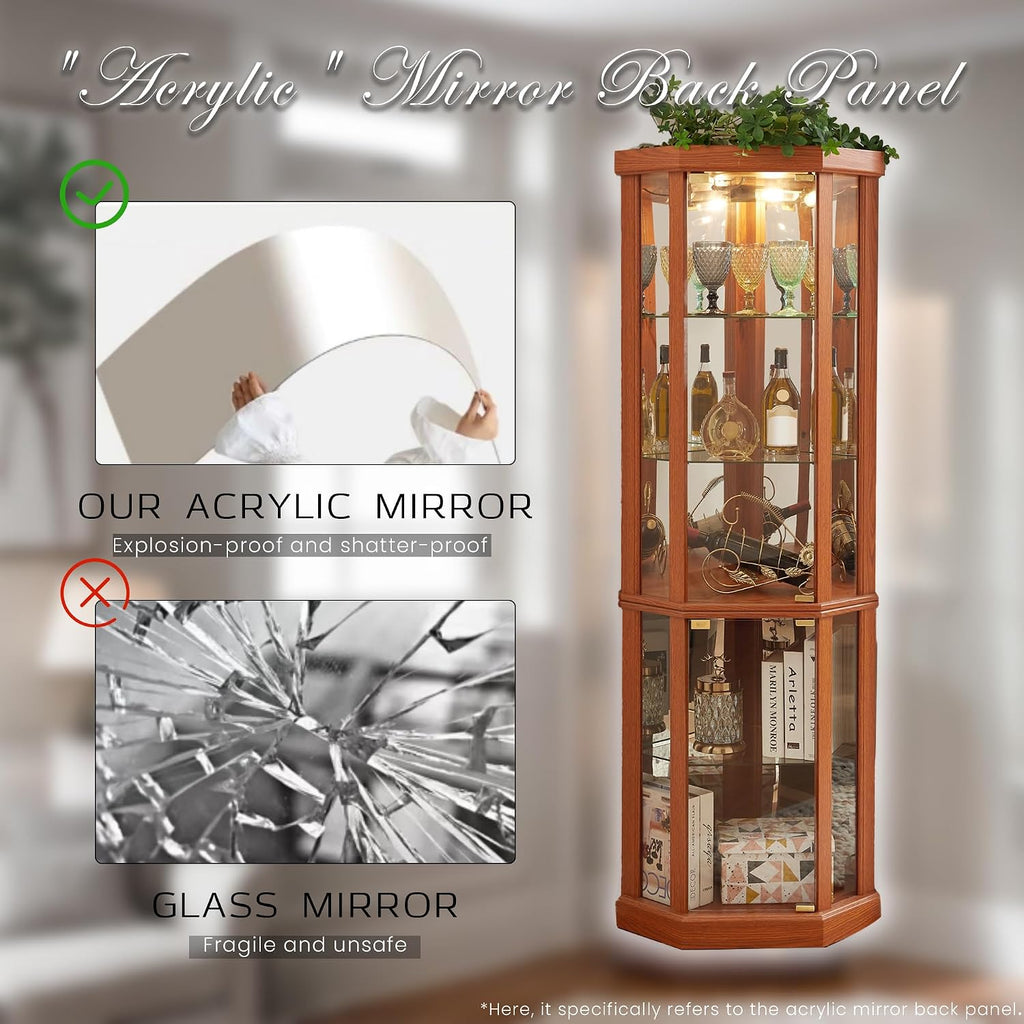Corner Curio Cabinet, 70' H Lighted Glass Display Cage with Tempered Glass Doors and 5 Adjustable Shelves, Light Bulb Inclued, Wine Bar China Cabinet for Living Room (Dark Oak)