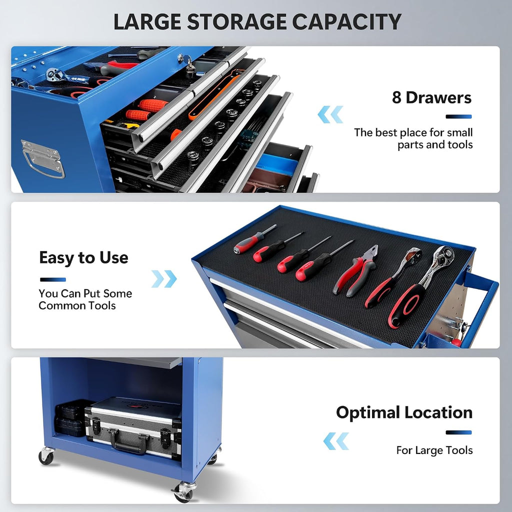 Rolling Tool Chest with Wheels 8 Drawers, Assembled Tool Cabinet Combo with Drawers, Detachable Organizer Tool Chests, Mobile Lockable Tool Box for Workshop Mechanics Garage