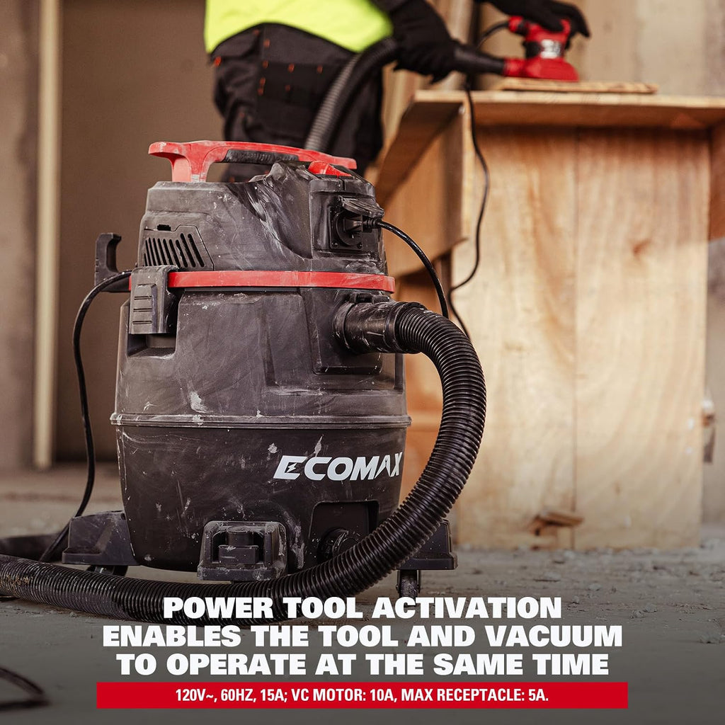 ECOMAX Dust Extractor, Shop Vac, Semi-Auto Filter Clean, 8 Gal 6.5 HP HEPA Wet Dry Vacuum, Anti-Static Hose, Power Tool Take-Off, Dust-Full Indicator, for Woodworking, Workshop and Garage