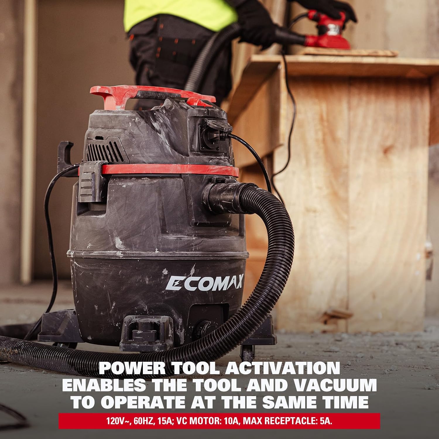 ECOMAX Dust Extractor, Shop Vac, Semi-Auto Filter Clean, 8 Gal 6.5 HP HEPA Wet Dry Vacuum, Anti-Static Hose, Power Tool Take-Off, Dust-Full Indicator, for Woodworking, Workshop and Garage