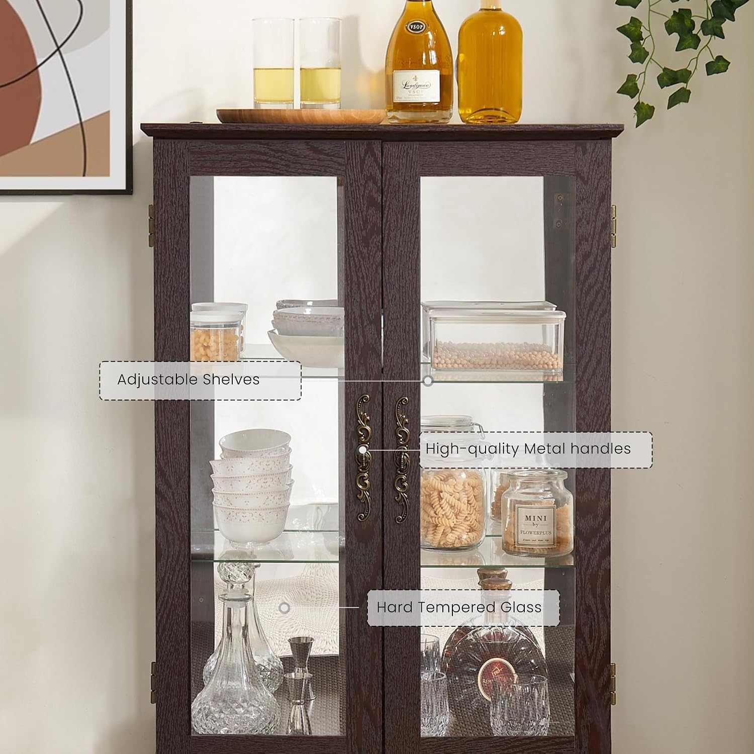 44' Small Lighted Glass Accent Curio Cabinet, Vintage China Cage with Tempered Glass Doors & Adjustable Shelves, Acrylic Mirrored Pane, Elegant Wine Artwork Showcase for Living Room (Dark Cherry)