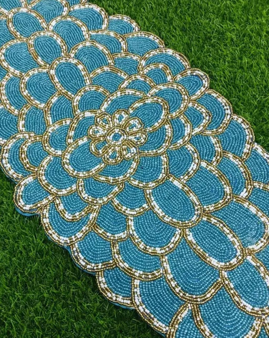 Beaded Table Runner, Turquoise Blue with Gold Trim, Scalloped Edge Design, Handcrafted Decorative Accent