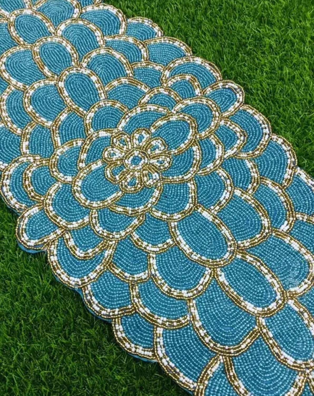 Beaded Table Runner, Turquoise Blue with Gold Trim, Scalloped Edge Design, Handcrafted Decorative Accent