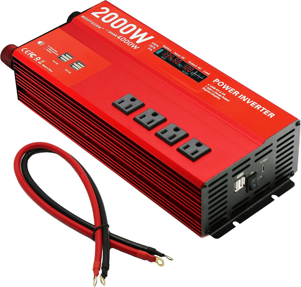 2000W 12V Power inverters for Vehicles,Peak 4000 watt, Car/Truck DC 12V to 110V 4AC Converter, 6 USB 2.4A Ports,with 18W Type-C Quick Charge Port,LCD Digital Display
