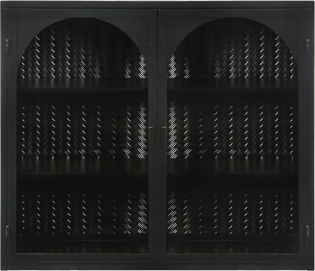 Retro Style Haze Double Glass Door Wall Cabinet with Detachable Shelves for Office, Dining Room,Living Room, Kitchen and Bathroom Mint Black