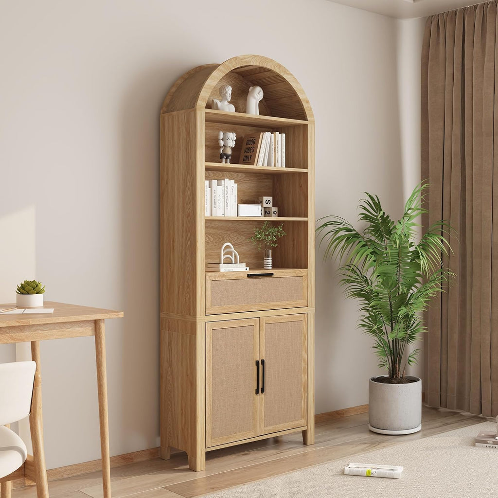 Janmer Home 79' Tall Arched Bookcase with Storage, Mid Century Modern 6-Tier Cabinet with Door, Arched Bookshelf with Open Display Shelf for Office Living Room (Natural, 79inch-Doors)