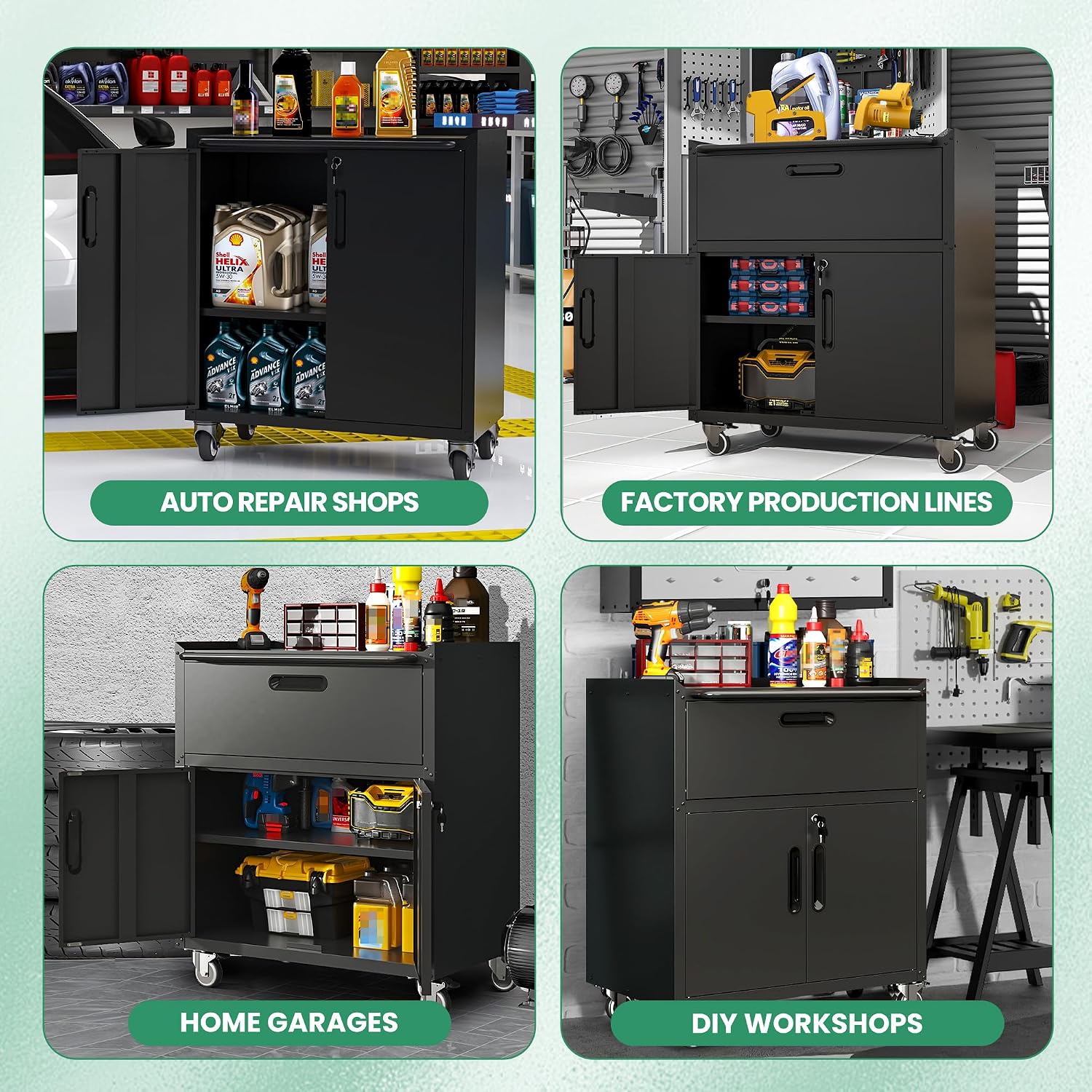 Garage Cabinets,Metal Garage Storage Cabinet with Wheels,Black Lockable Rolling Tool Cabinet with Drawer and Adjustable Shelves,Heavy Duty Tool Chest for Home Office Utility Room
