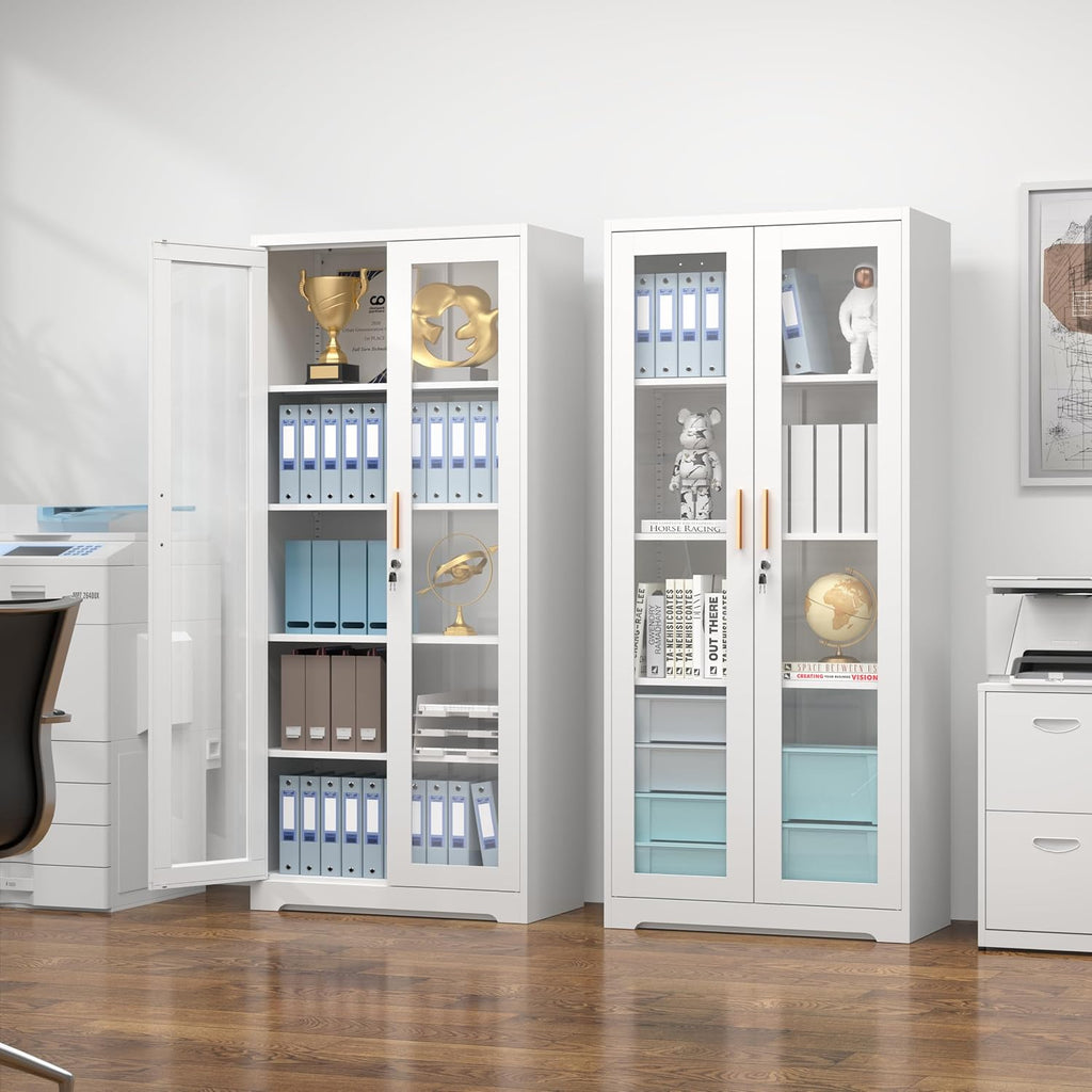 Polup Display Cabinet with Glass Doors, 71'' Tall Curio Cabinets with Lock, Metal Glass Display Case for Collectibles, Living Room, School, Commercial, White, Assemble Required