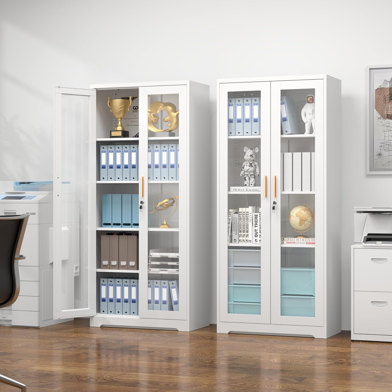 Polup Display Cabinet with Glass Doors, 71'' Tall Curio Cabinets with Lock, Metal Glass Display Case for Collectibles, Living Room, School, Commercial, White, Assemble Required