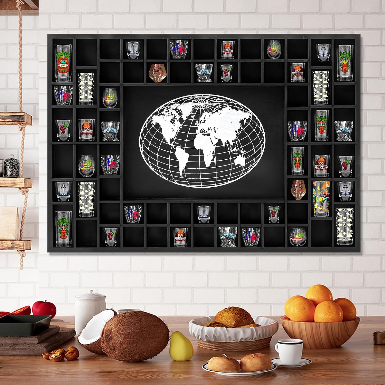 GlikCeil Large World Map 68 Slots Shot Glass Display Case 40 x 28'' Rustic Wood Shot Glass Holder for 7 Sizes Wineglass Bar Shelf Organizer Wall Mount Storage Shadow Cabinet Decor (Black)