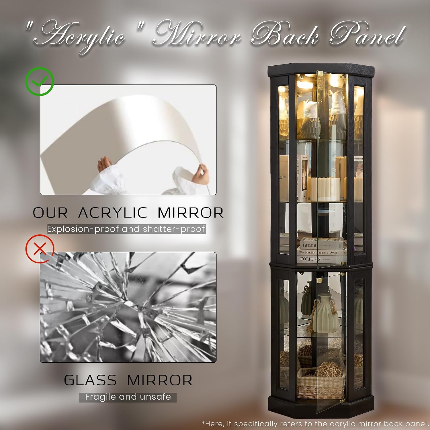 70' Lighted Corner Curio Cabinet, Curved Wood China Display Case with Tempered Glass Doors & Adjustable Shelves, Light Bulb Included, Tall Wine Storage Rack for Bar and Liquor Storage (Black)