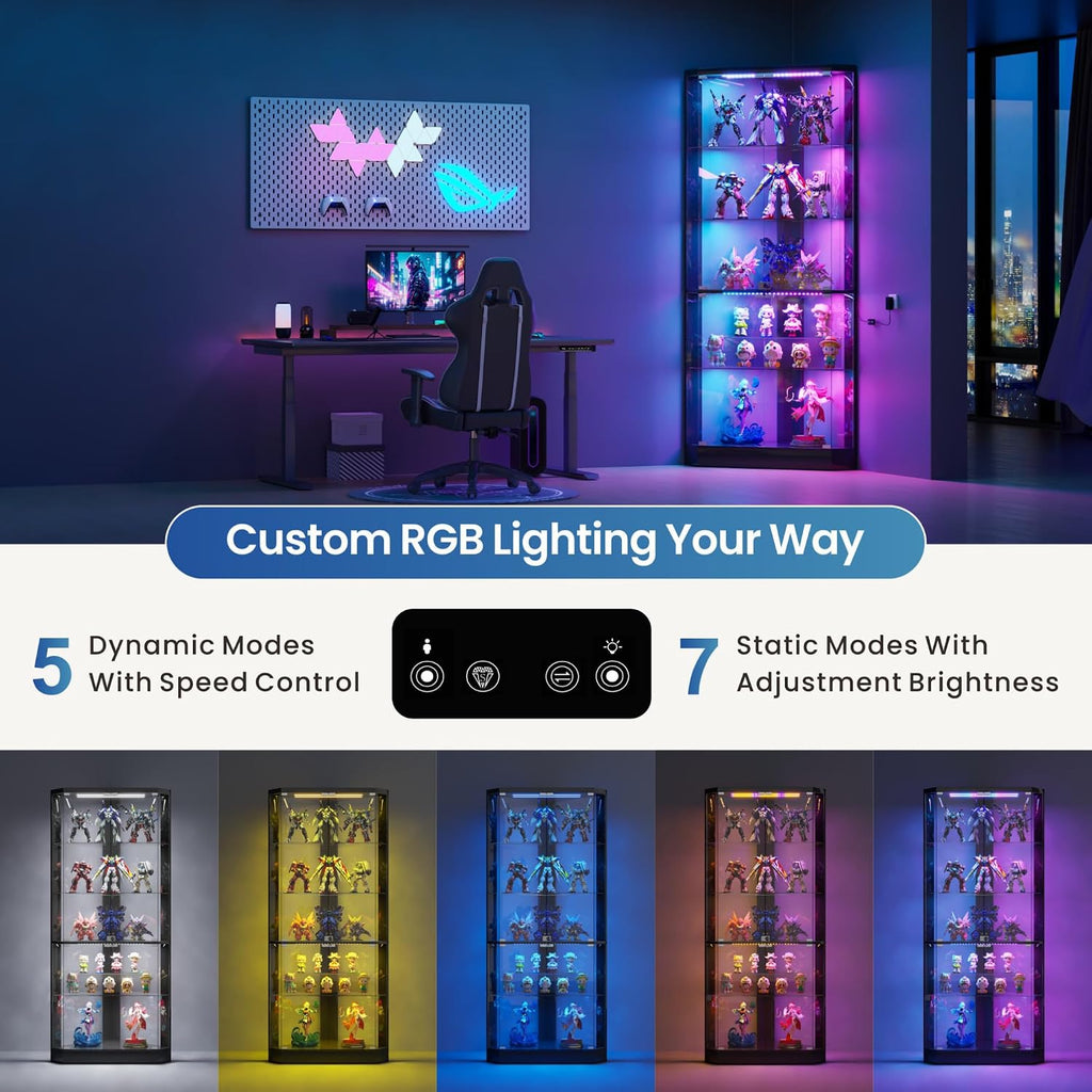 HNEBC Corner Display Case with - RGB Lights and Glass Shelves,5-Tier Corner Curio Cabinet with Glass Doors & Human Body Sensor,69' Showcase Display Cabinet for Collectibles,Living Room(Black)