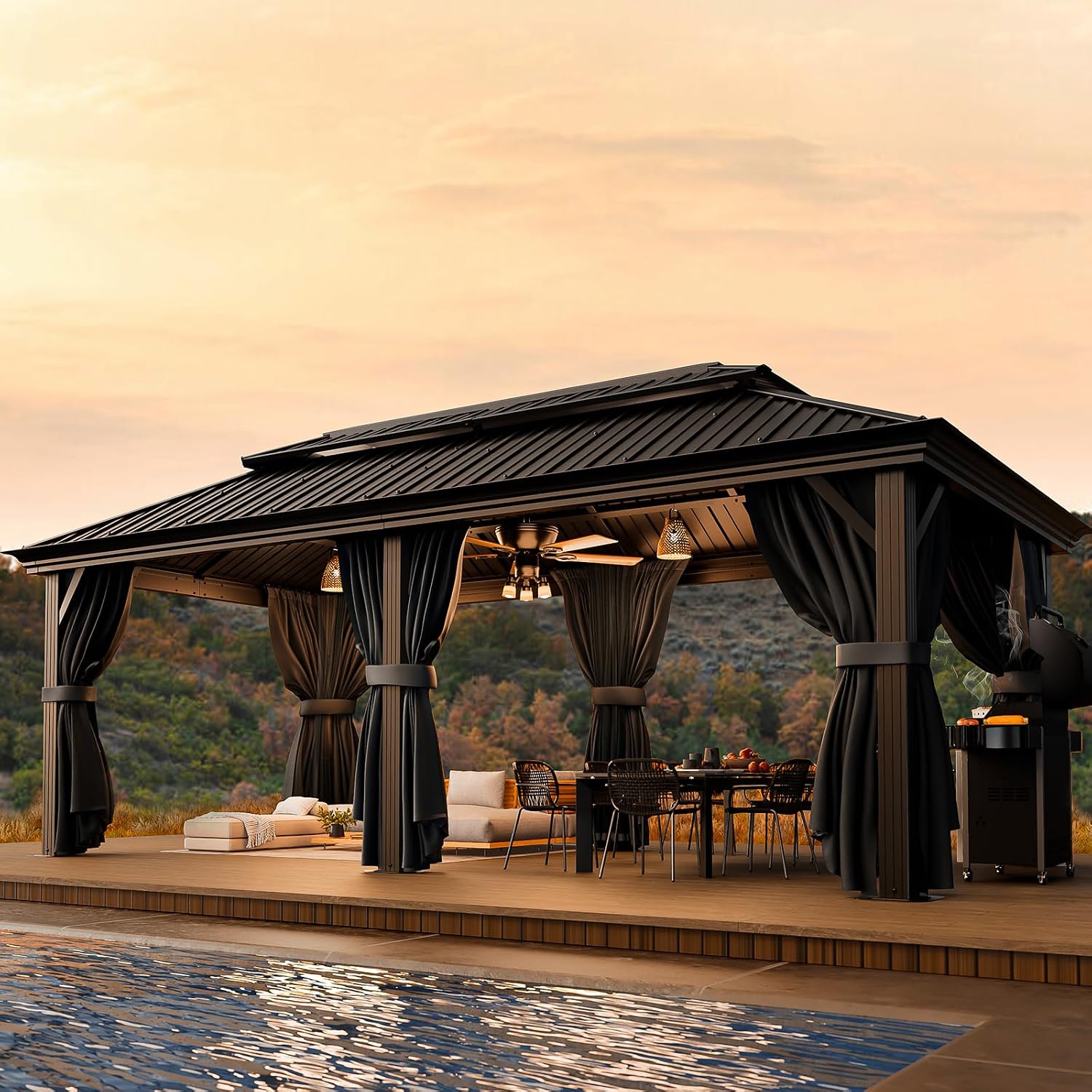 HOTEEL 12x20 Hardtop Gazebo with Metal Roof & Drainage System, Heavy Duty Galvanized Steel Gazebo with Reinforced Aluminum Frame, Privacy Curtains and Netting, for All-Weather, Black (2025 Upgraded)