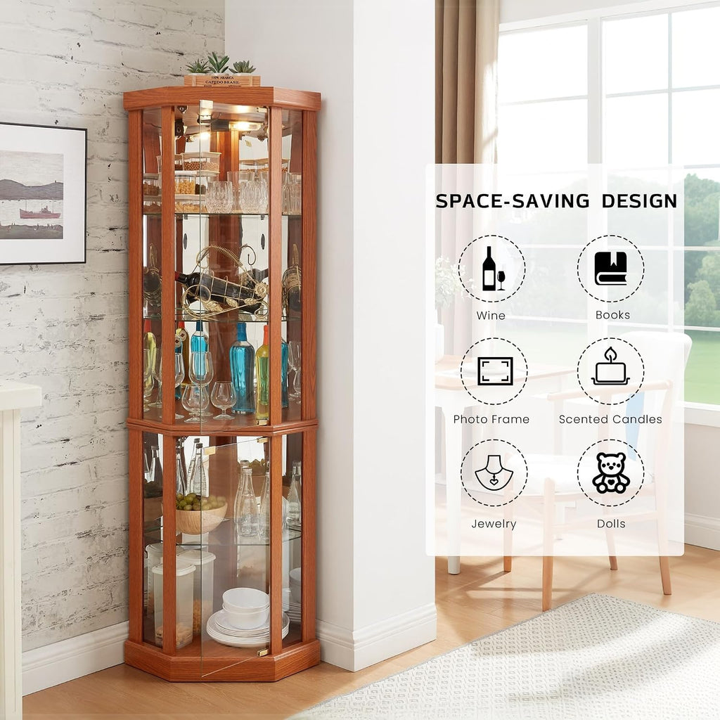 Corner Curio Cabinet, 70' H Lighted Glass Display Cage with Tempered Glass Doors and 5 Adjustable Shelves, Light Bulb Inclued, Wine Bar China Cabinet for Living Room (Dark Oak)