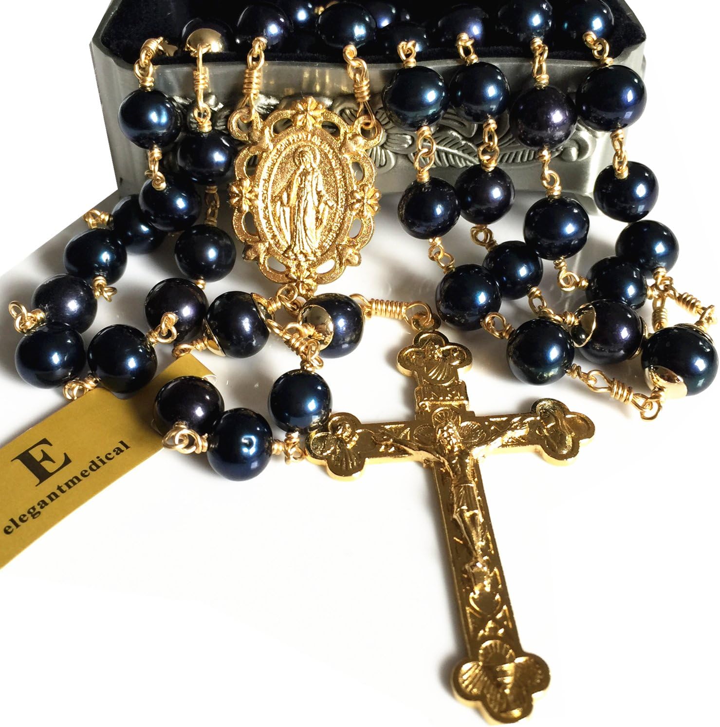 elegantmedical HANDMADE Wire Wrapped Black AAA10mm Real Pearl BEADS GOLD ROSARY CROSS Necklace & box Catholic GIFTS
