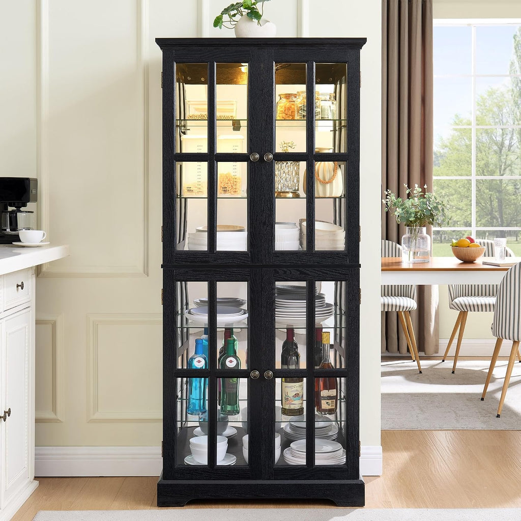 Glass Display Cabinet, 69' H Curio Cabinet with Adjustable Shelves and 4 Glass Doors, Light Bulb Included, Elegant Antique Showcase, Rack for Living Room/Home Office (Black)