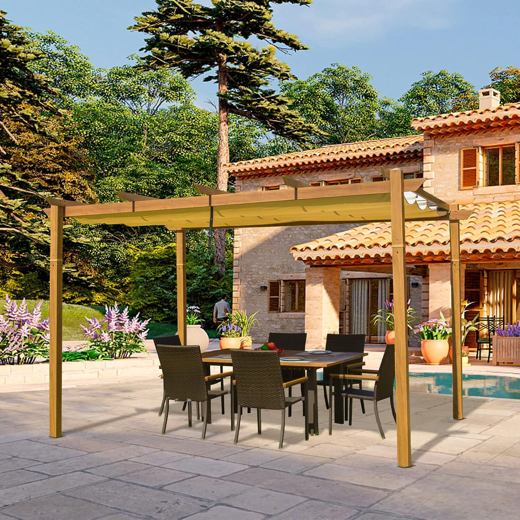 Domi 9x13FT Outdoor Pergola Canopy with Retractable Sun Shade, Weather-Resistant Aluminum Frame for Patio, Backyard, Deck, Garden, BBQ, and Gatherings, Wood-Look Finish
