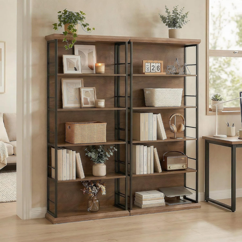 LITTLE TREE 5-Tier Bookcase, 72 Inches Farmhouse Wooden Bookshelf, Free-Standing Display Storage Shelves for Home Office, Living Room, Kitchen Room, Brown