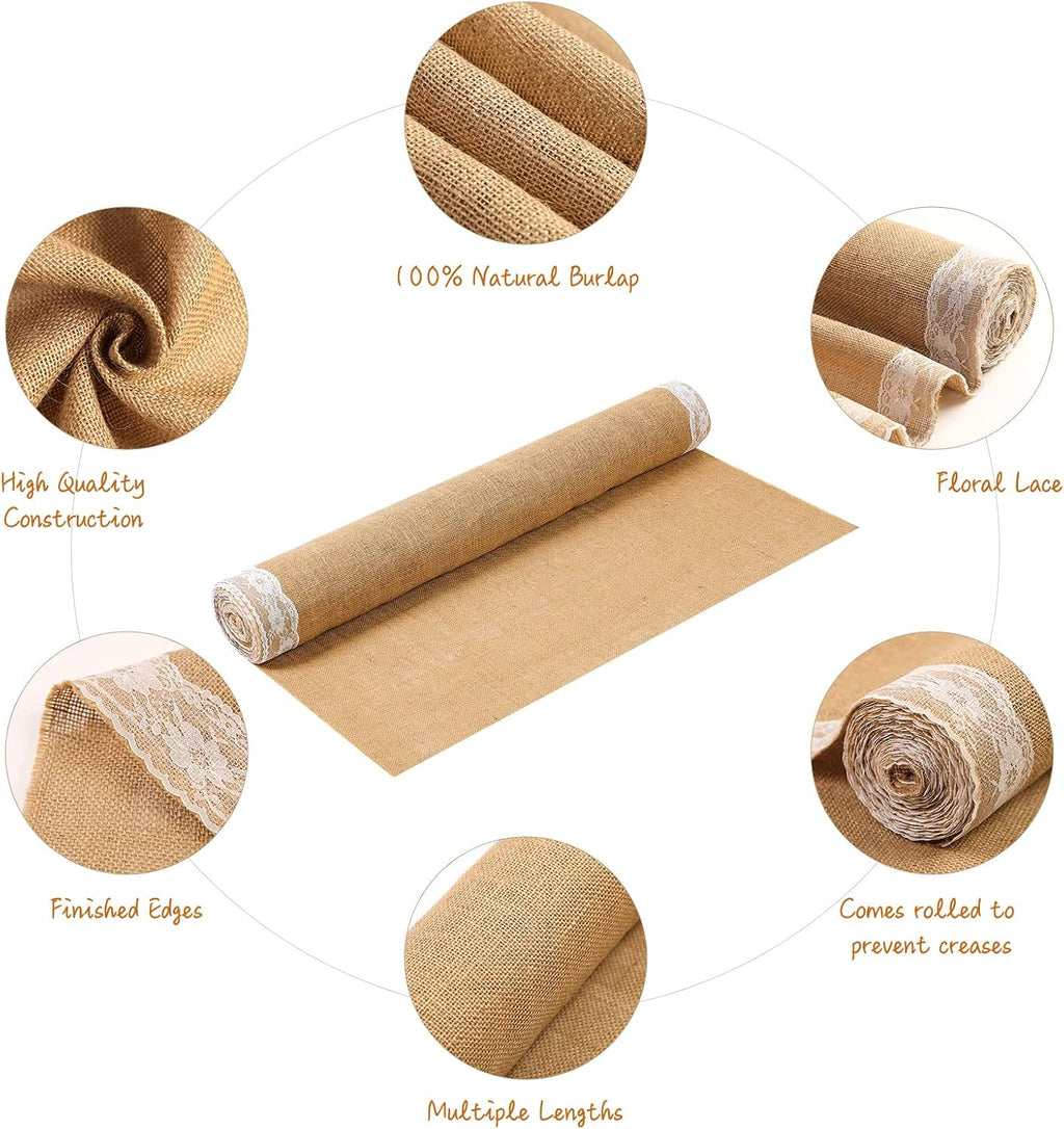AK TRADING CO. 40' Wide Natural Burlap Wedding Aisle Runner with Ivory Lace - 40' Wide x 50 feet Long