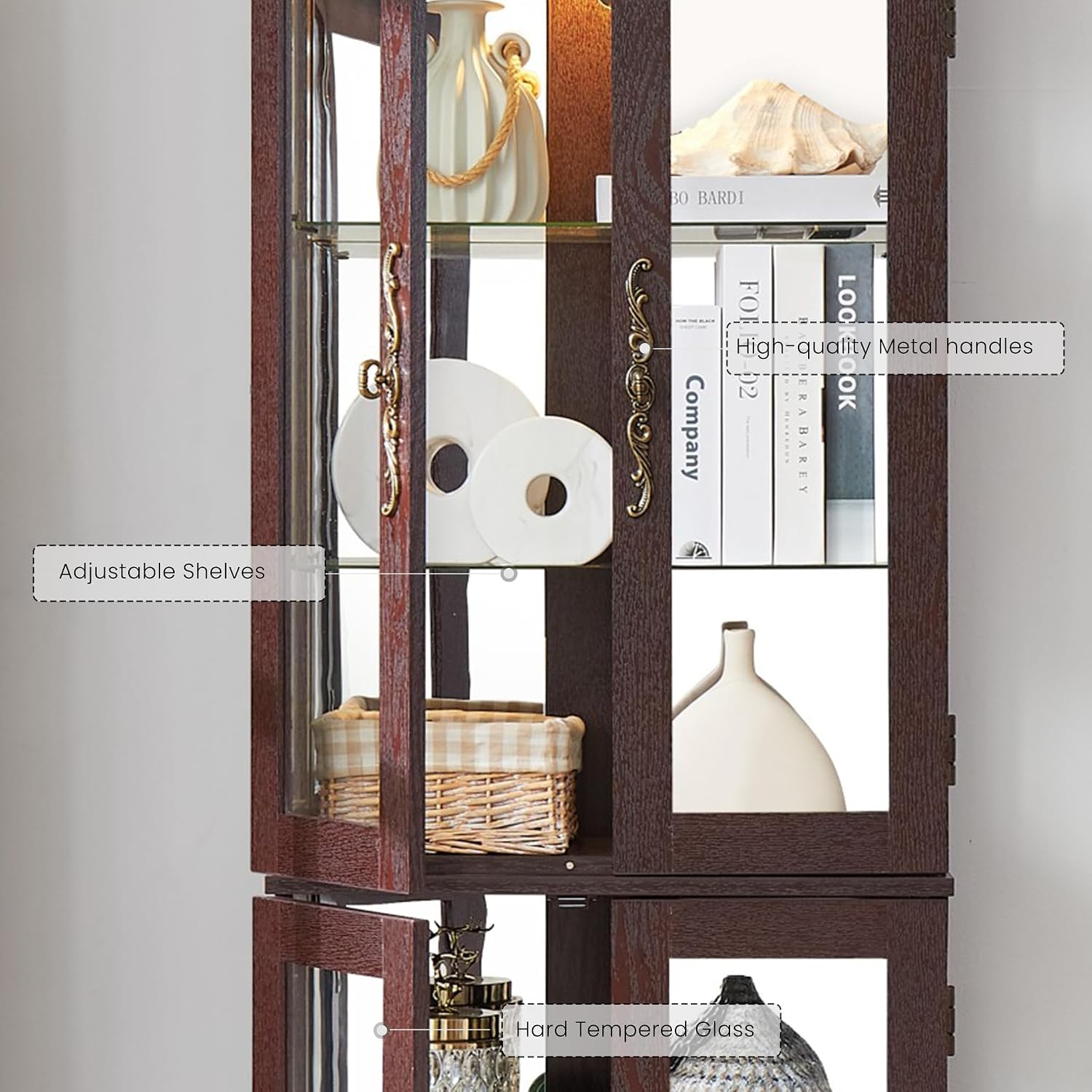 Lighted Curio Cabinet 71' Vintage Glass Display Case with Adjustable Shelves, 4 Tempered Glass Doors, Bulb Included, Wooden Square Wine Bar China Cabinet for Living Room Liquor Storage (Dark Cherry)