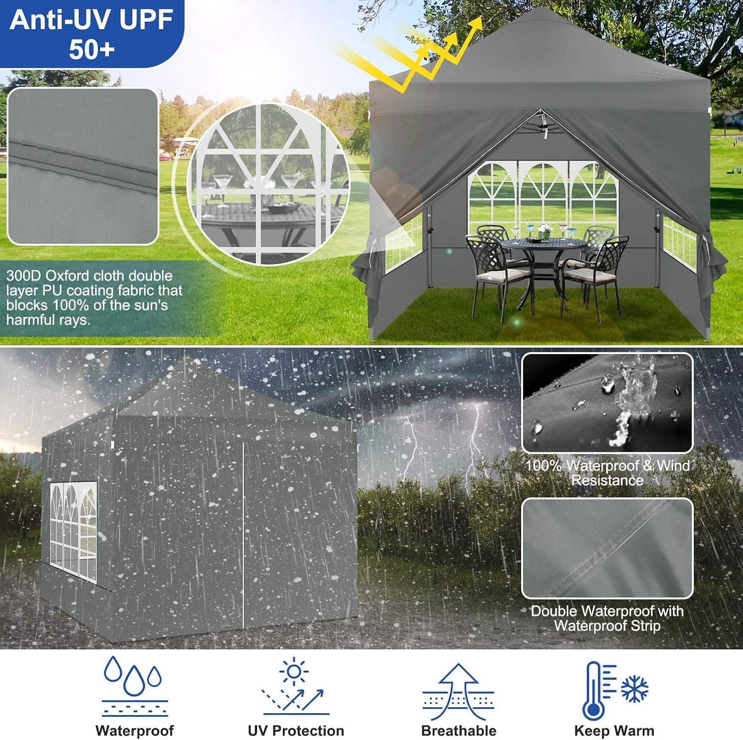 COBIZI Pop up Canopy Tent 10x10 Heavy Duty Gazebo with 4 Sidewalls, UPF 50+ All Weather Waterproof Commercial Outdoor Wedding Party Tents Canopy with Roller Bag, Deep Gray