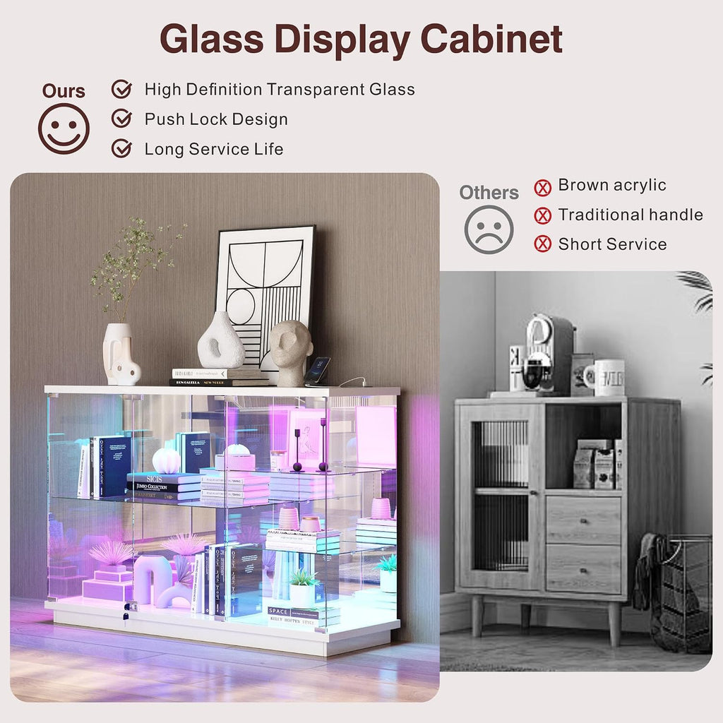 Lvifur RGB Glass Display Cabinet - with Lock, High Gloss Curio Cabinet Sideboard with Human Body Sensor & Glass Shelves for Toys, Books, Collectibles, Bookcase for Living Room, Kitchen, Study, White