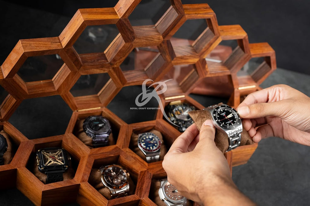 Wooden Watch Box Organizer for Men – 10 Slot Luxury Honeycomb Watch Case | Dark Rosewood Wood & Glass Display Box | Elegant Wooden Timepiece Display Case Boxes for Men – Best Gift for Him
