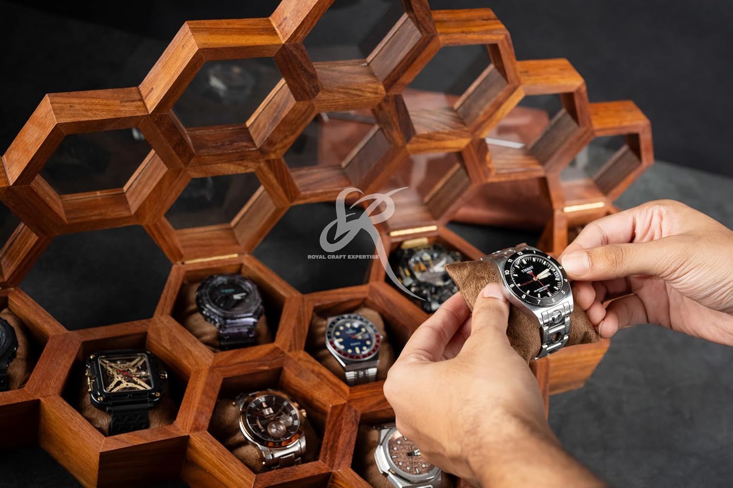 Wooden Watch Box Organizer for Men – 10 Slot Luxury Honeycomb Watch Case | Dark Rosewood Wood & Glass Display Box | Elegant Wooden Timepiece Display Case Boxes for Men – Best Gift for Him