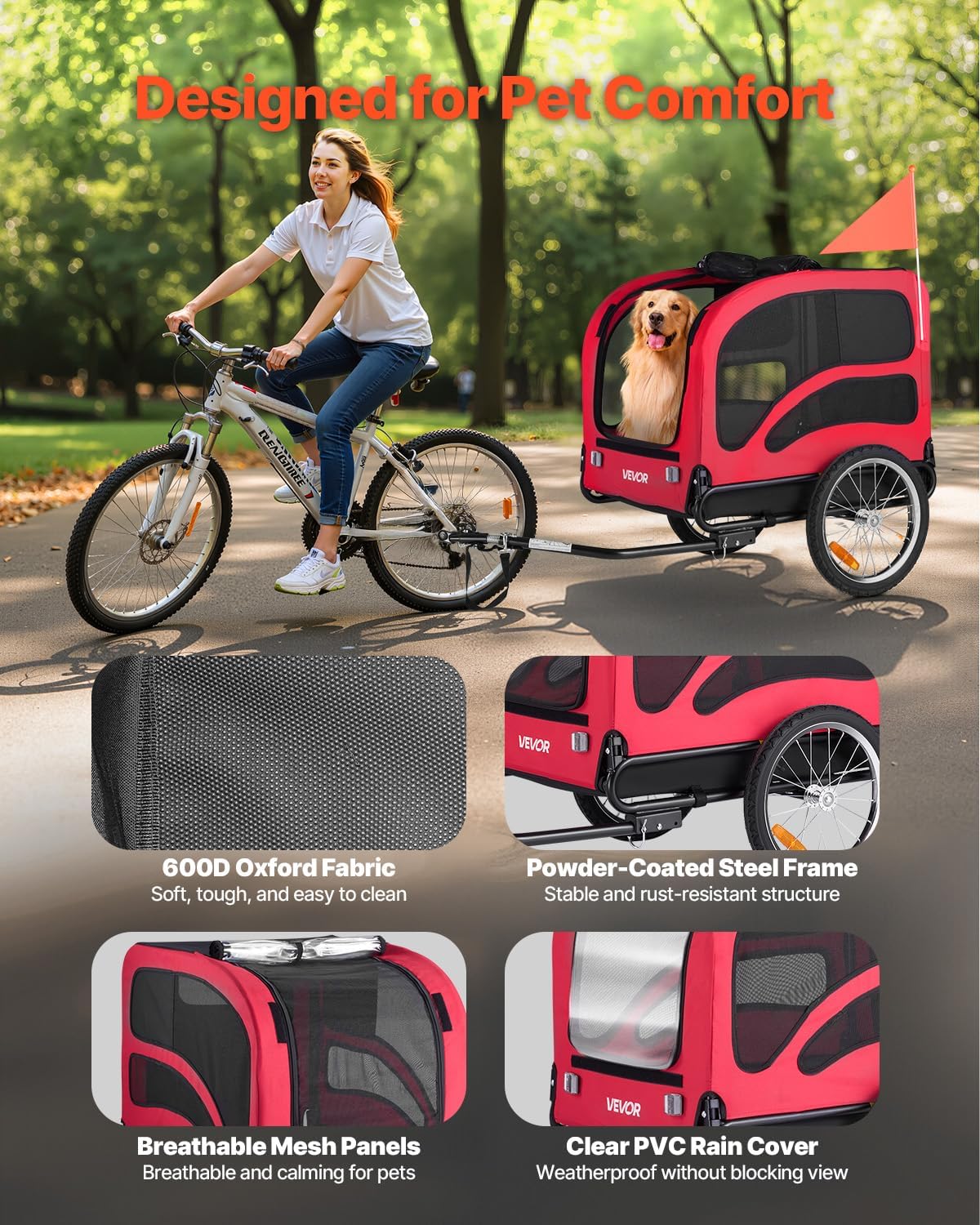 VEVOR Dog Bike Trailer, Supports up to 100 lbs, Pet Cart Bicycle Carrier, Easy Folding Frame with Quick Release Wheels, Universal Bicycle Coupler, Reflectors, Flag, Collapsible to Store