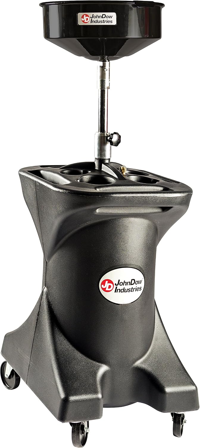 JohnDow Industries JDI-27DC 27 Self-Evacuating Portable Oil Drain, 16 inch Diameter Centered Funnel, Adjustable Funnel Height of 45 in. to 70 in. with Molded in Tool Tray for Oil Filters and Tools