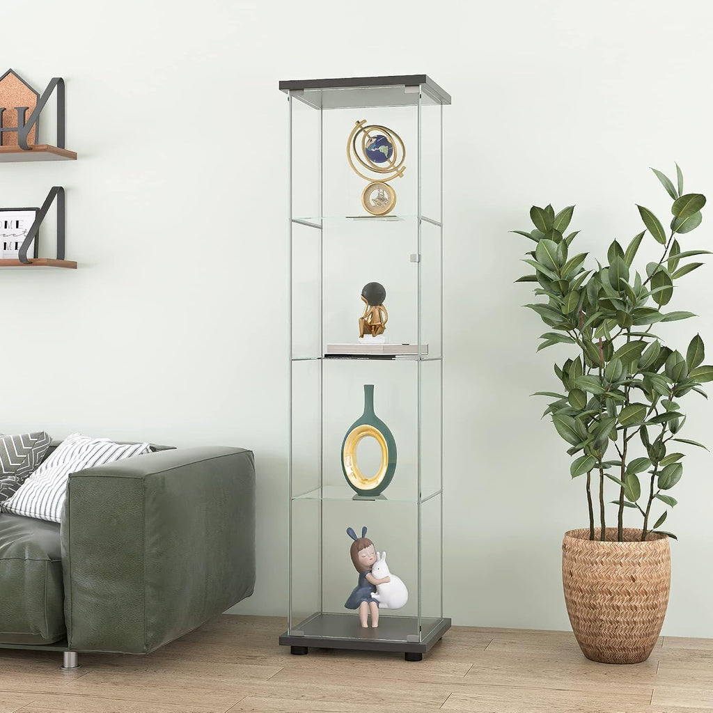Modern 64'' 4-Shelf Glass Display Cabinet in Clear with Door, Curio Cabinet Collection Display Case, Floor Standing Bookshelf for Living Room Bedroom Home Office (Black -S)
