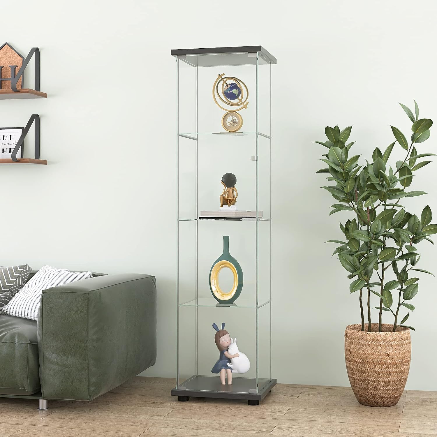 Modern 64'' 4-Shelf Glass Display Cabinet in Clear with Door, Curio Cabinet Collection Display Case, Floor Standing Bookshelf for Living Room Bedroom Home Office (Black -S)