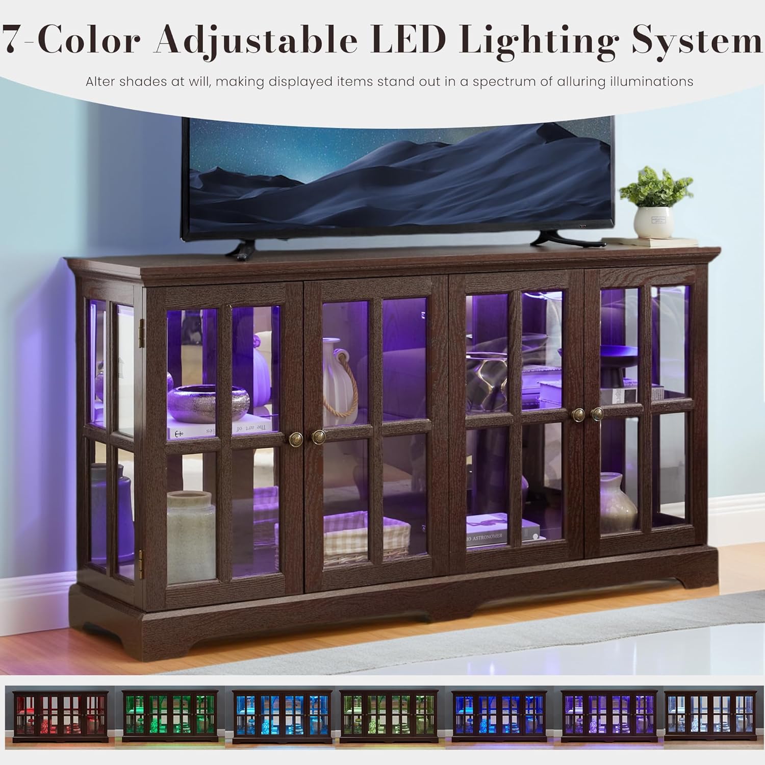 59' W LED Curio Cabinet with 7 Color Lights, Vintage Glass Display Case with Glass Doors, Smartphone-Controlled, Short Wooden China Cabinet with Adjustable Shelves for Entryway(Dark Cherry)