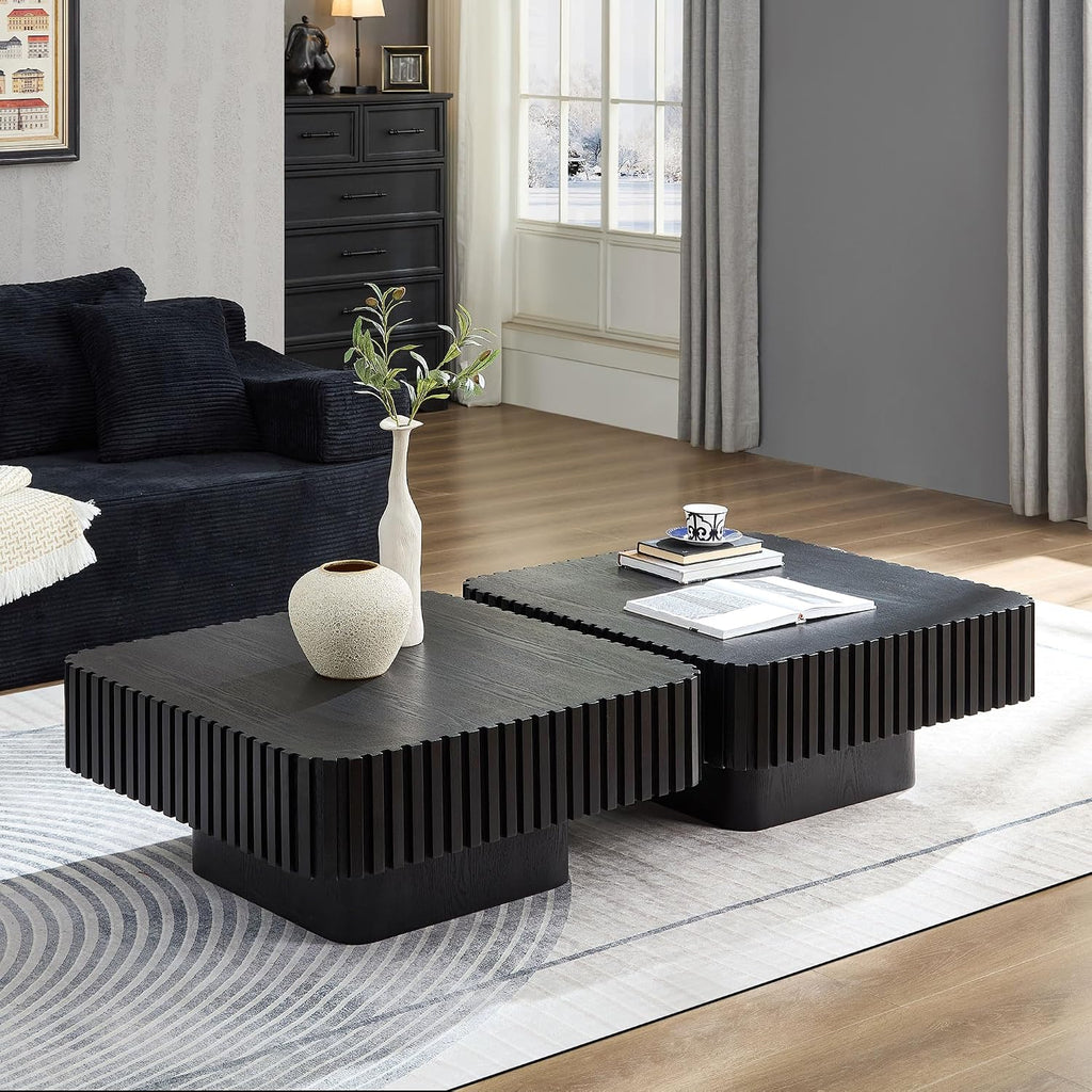 31.49'' Square Coffee Table Set of 2 for Living Room, Modern Wood Drum Pedestal Flute Embossment Coffee Table, Easy Assembly (Black, 2-Pcs)