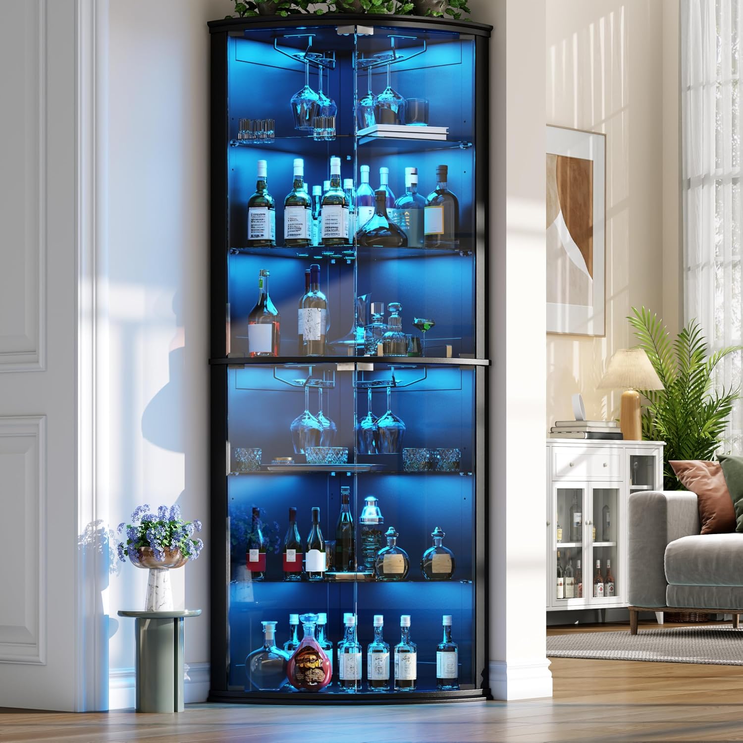 Loomie 70' Corner Bar Cabinet with LED Lights, 6-Tier Modern Wine Cabinet with Glass Door & Glass Holder, Tall Home Bar Liquor Cabinet with Adjustable Shelves for Dining Room, Living Room (Black)