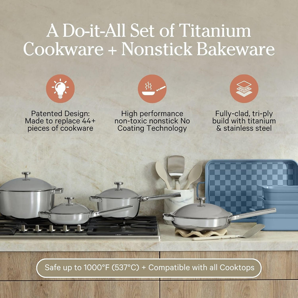 Our Place 15-Piece Titanium Pro Cookware & Bakeware Set | Tri-Ply Titanium & Stainless Steel Nonstick Fry Pans & Pots | Ceramic Nonstick Bakers & Griddle Pan | Non-toxic, PFAS-Free | Blue Salt