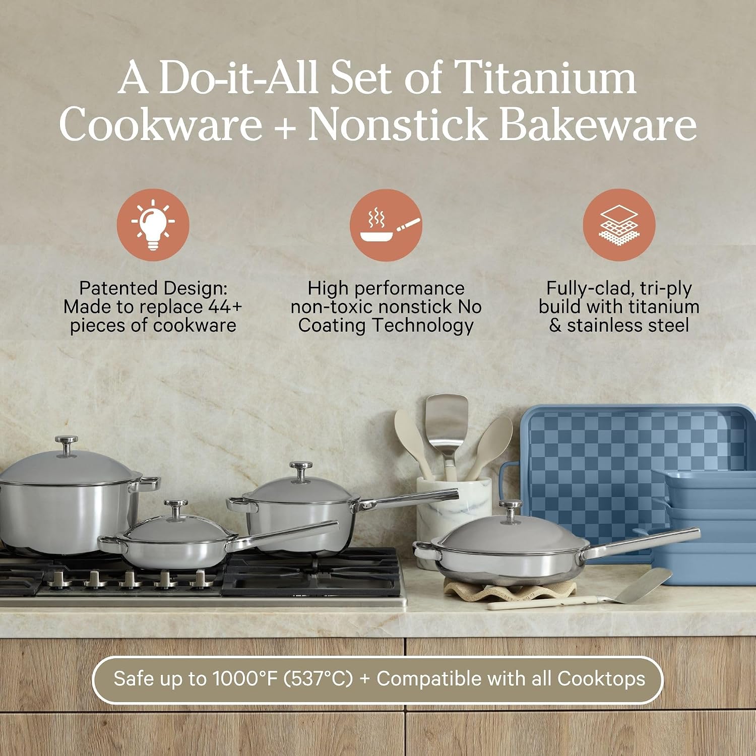Our Place 15-Piece Titanium Pro Cookware & Bakeware Set | Tri-Ply Titanium & Stainless Steel Nonstick Fry Pans & Pots | Ceramic Nonstick Bakers & Griddle Pan | Non-toxic, PFAS-Free | Blue Salt