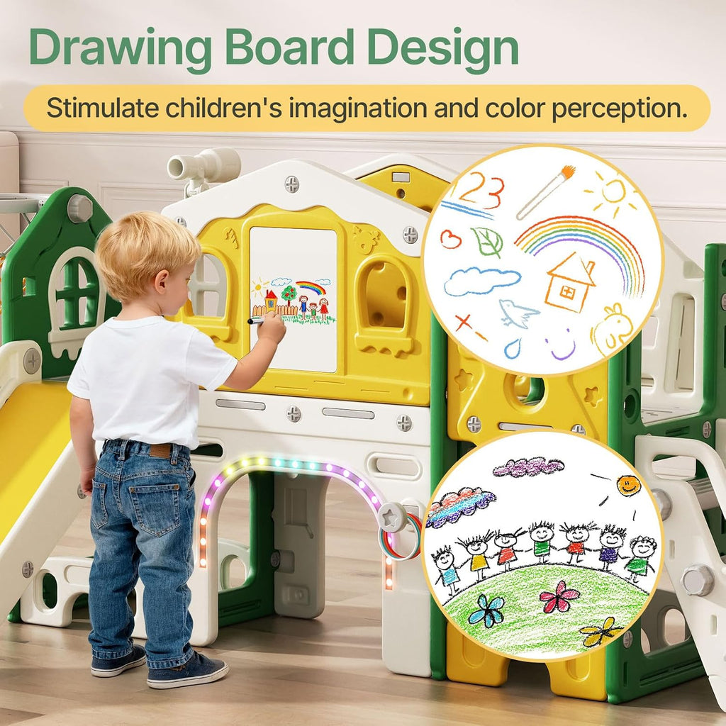 BIERUM 10 in 1 Toddler Slide Set - Baby Slide for Toddlers 1-3 with Colorful Lights, Drawing Board and Building Blocks Board, Indoor Outdoor Toddler Playset Playground, Green Yellow