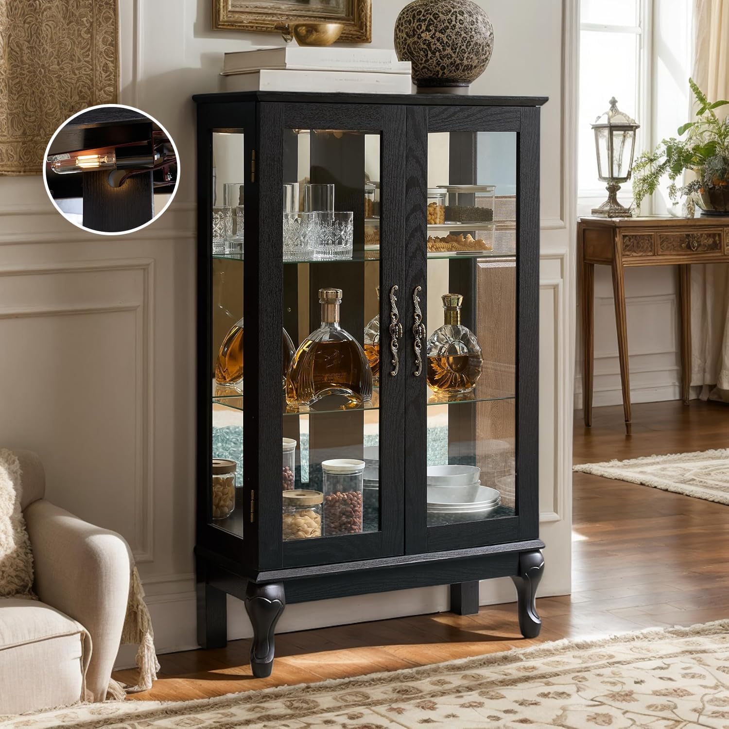 44' Small Lighted Glass Accent Curio Cabinet, Vintage China Cage with 2 Tempered Glass Doors & Adjustable Shelves, Acrylic Mirrored Pane, Elegant Wine Artwork Showcase for Living Room/Kitchen (Black)