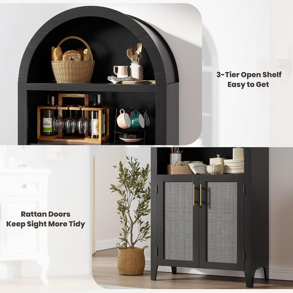 IDEALHOUSE Arched Kitchen Pantry Cabinet with Doors - 5-Tier Open Display Shelf with Rattan Decor, Farmhouse Storage Cabinet for Kitchen, Dining Room, Living Room, Black